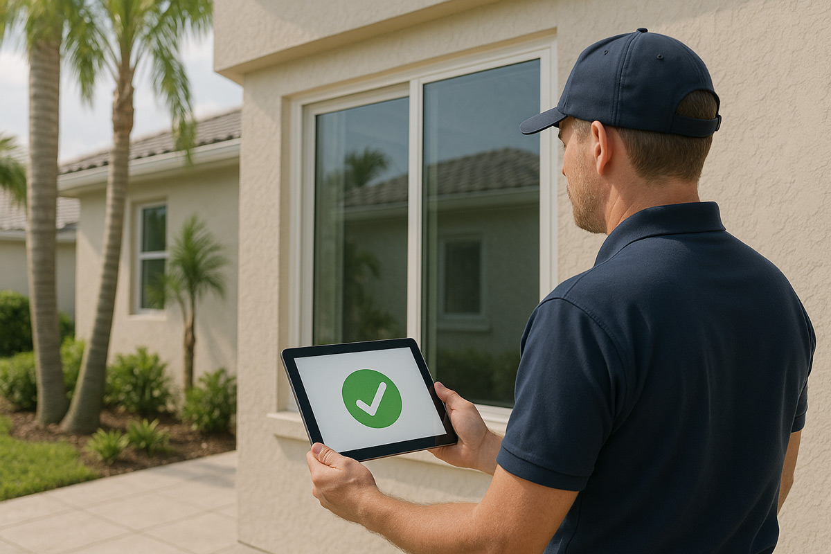 Insurance adjuster approving impact window installation