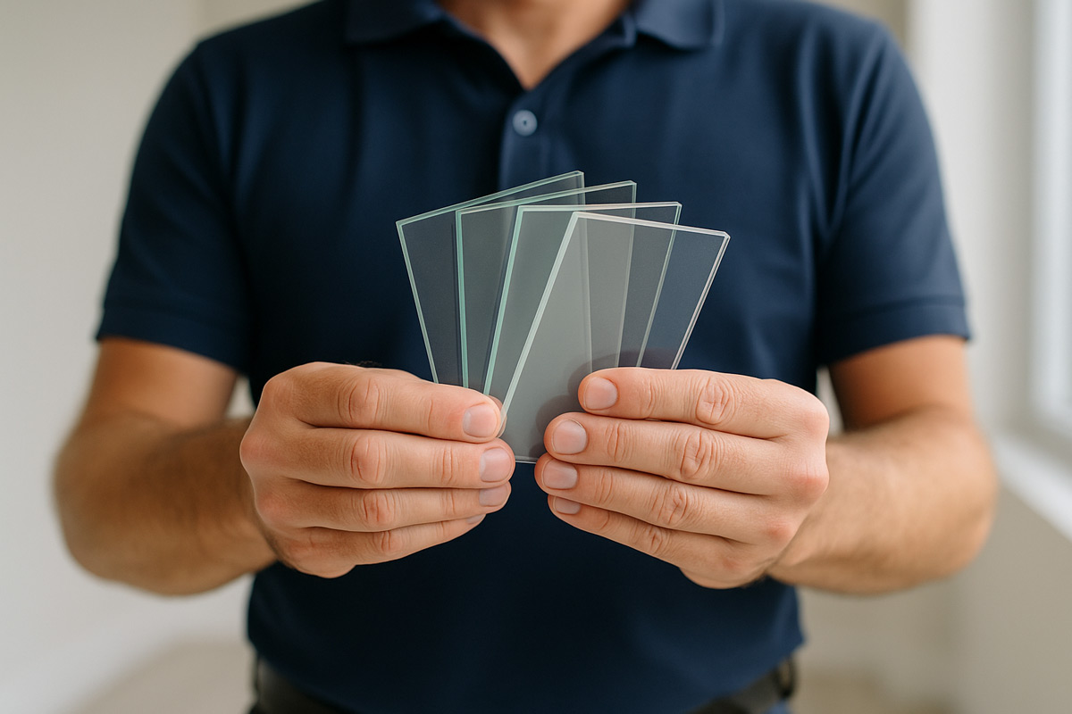 An installer holding a sample showing the multiple layers of impact-rated glass.