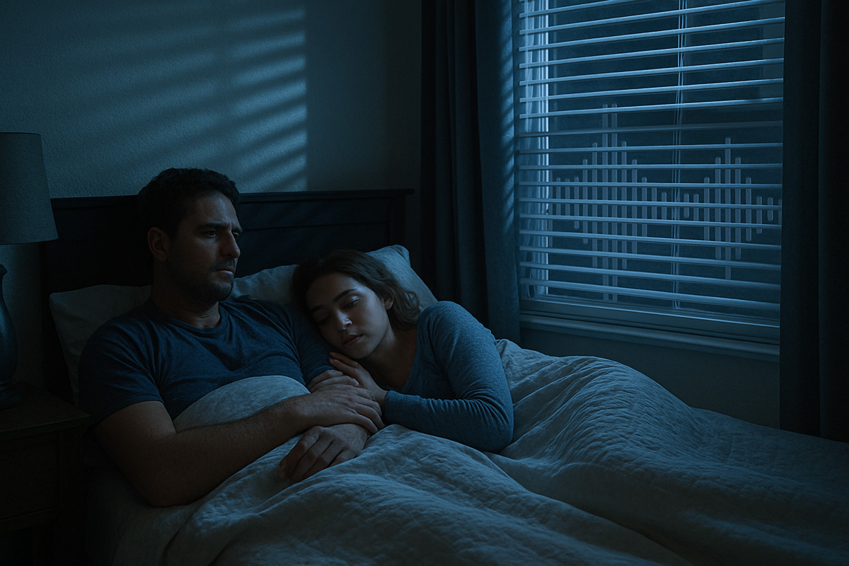 Illustration of loud noise waves disturbing a couple trying to sleep at night.